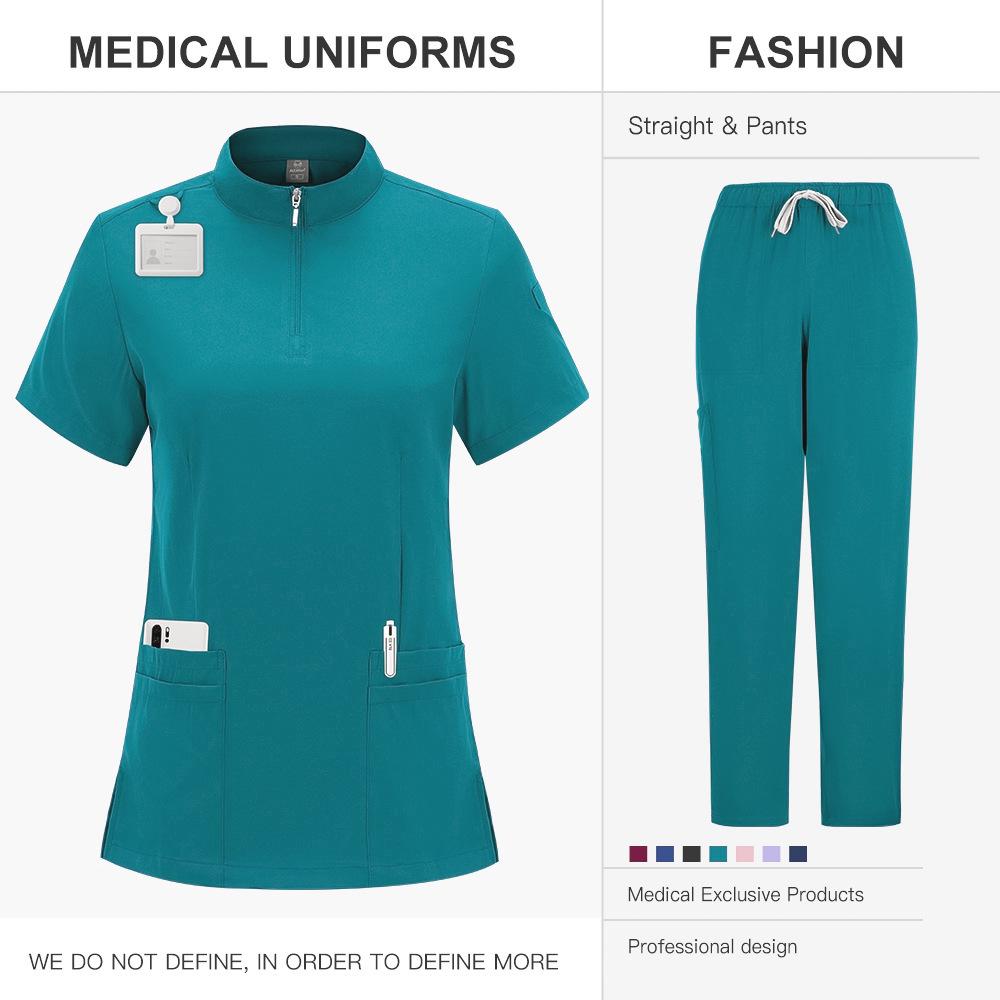 Zippered Stand-Up Collar Scrub Suit with Straight-Leg Pants In Solid Color for Healthcare Professionals