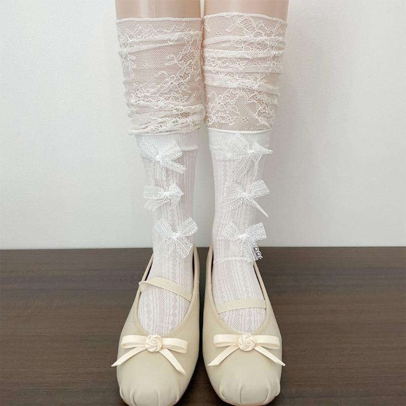 Chaussettes Dentelle Mi-Mollet pour Femmes avec Accent Ruban Style Décontracté Paire pour Tenue en Superposition Style Quotidien
