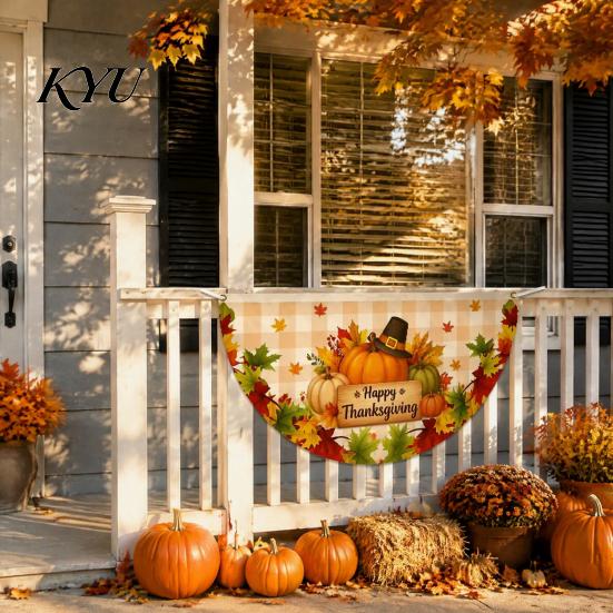 Semicircular Autumn Party Supplies Fall Bunting Fan Flag for Outside, 1.5 X 3ft Turkey Pumpkin Maple Thanksgiving Leaf Pattern Hanging Banner, Harvest