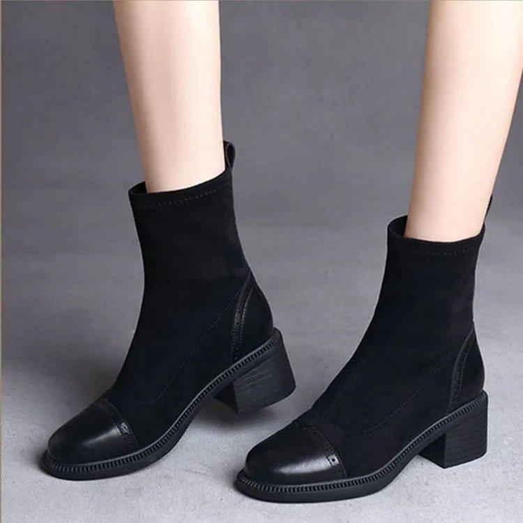 Elastic thin boots women's autumn and winter fleece thickened 2025 new soft leather splicing small bare boots medium heel thick heel medium boots
