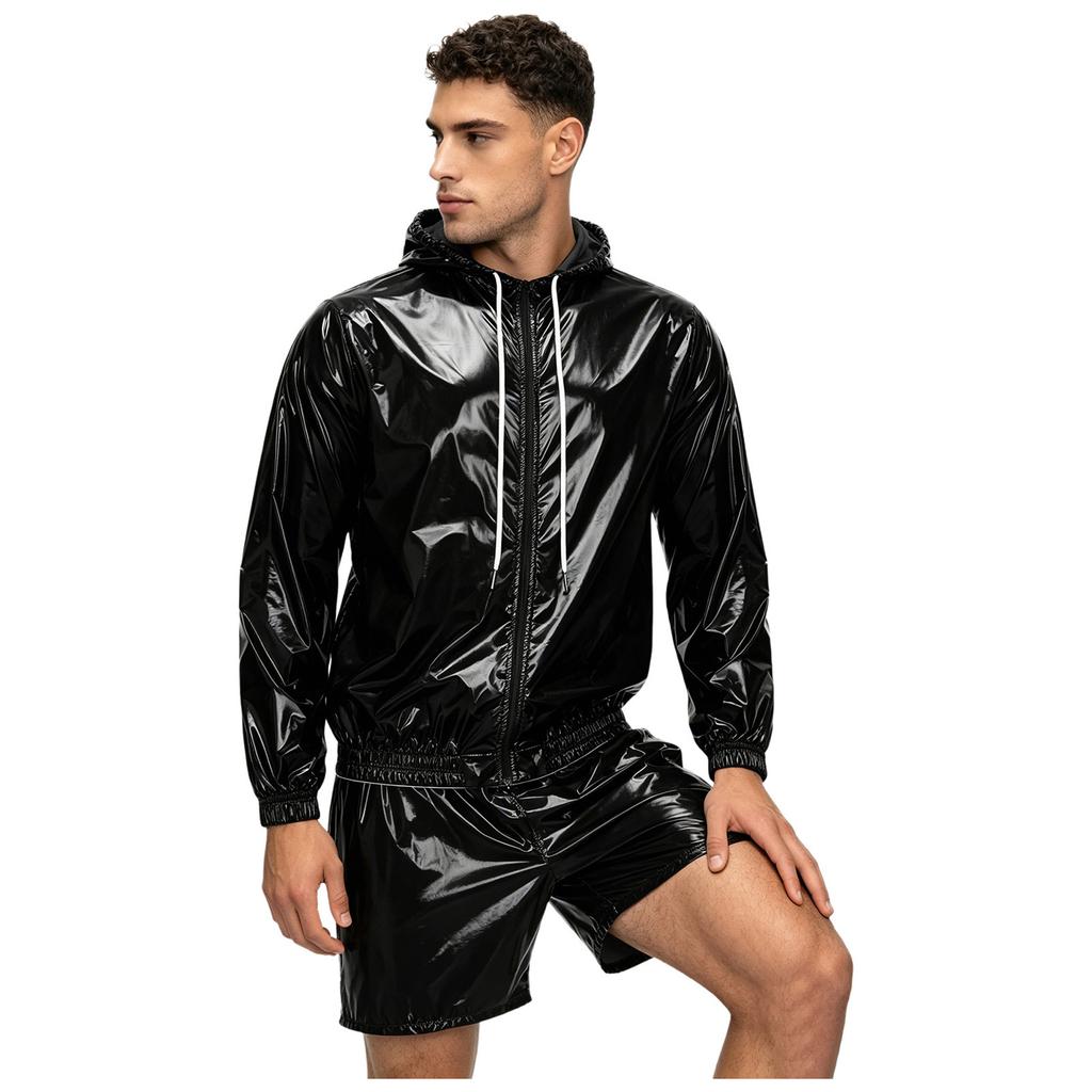 Mens Waterproof Sportswear Long Sleeve Zip Up Hooded Jacket Windbreaker Built-in Briefs Boxer Shorts Sweat Outfit