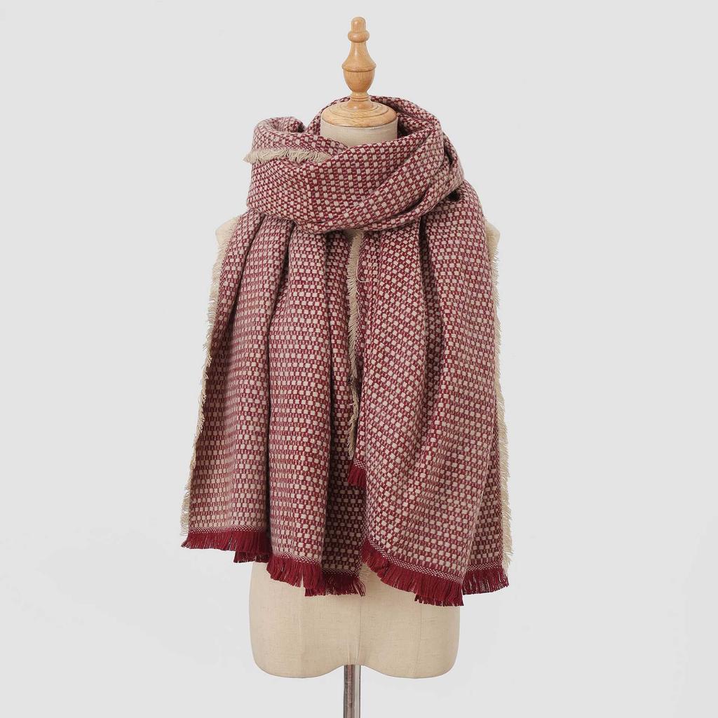 Winter imitation cashmere thickened warm scarf women's wear dual-purpose versatile skin-friendly and comfortable widened plaid fringed scarf