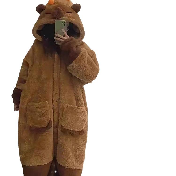 Unisex Uroczy Szlafrok i Piżama z Pluszu Szopa - Jesień/Zima Koralowy Polar