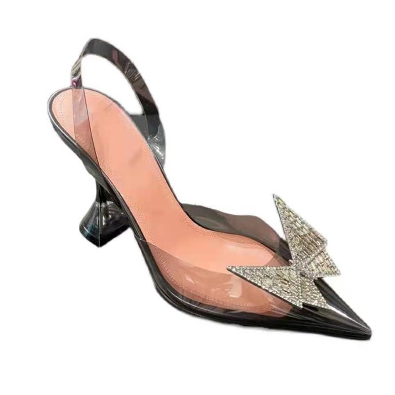 Bow Diamond Buckle Toe Sandals 2024 Summer New Sexy Leather Transparent Pointed Heel Stiletto Heels