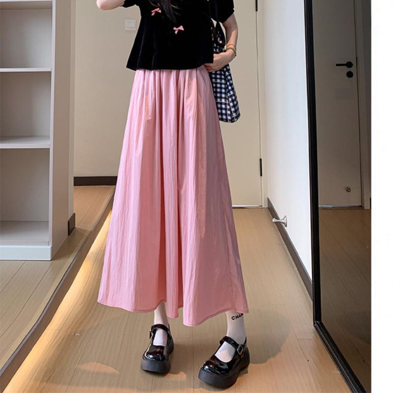 Pink Skirt for Women In Summer Thin High Waist Slim A-line Skirt Umbrella Skirt Mid-length Small Ice Silk Skirt