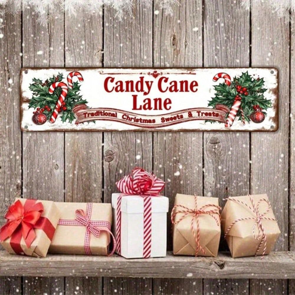 Christmas Candy Cane Alley Metal Sign 10x40cm Vintage Tin Wall Decor, Pre-Drilled Holes Waterproof Indoor Outdoor Art