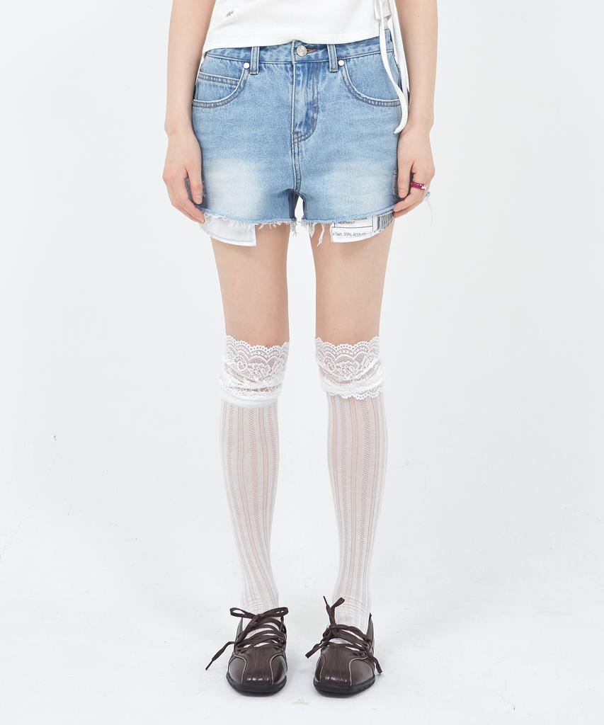 Sekeondeusolteu Layered Damaged Washed Denim Shorts (Light Blue)