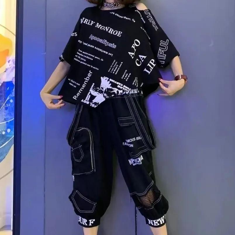 Women's Summer Loose Irregular Short-sleeved + Seven Pants Suit Suit Suit Printed Letters Two-piece Set