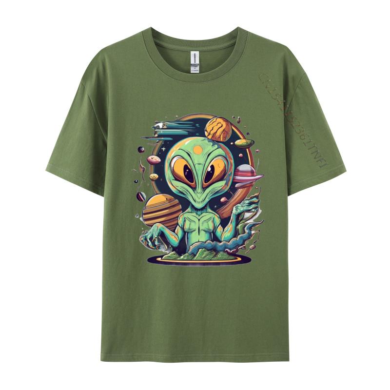 Alien Tshirt Anime Printed Tshirt Funny UFO Alien Space Men Tshirt Green And White Graphic T Shirt