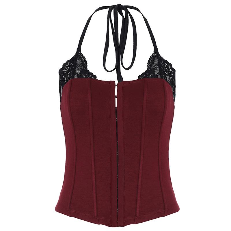 American Retro Lace Patchwork Halter Tank Top - Women s Slimming Layered Vest L