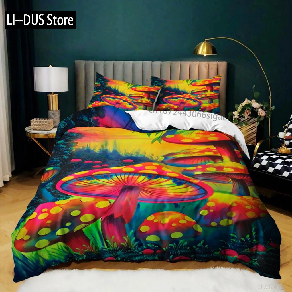 Mushroom Duvet Cover Set Queen Size Microfiber Mushrooms Ornate Doodles With Swirls Eyes Psychedelic Botany Bdding Set For Teens