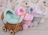 Wicker doll stroller with mint bedding and soft lining - natural