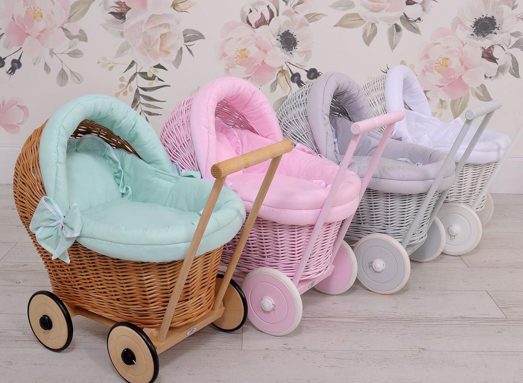 Wicker doll stroller with mint bedding and soft lining - natural