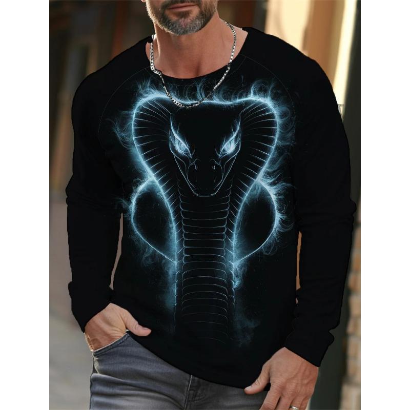Spring and Autumn Round Neck 3D Snake Pattern Printed Top Fashionable Casual Long Sleeved Men's T-shirts