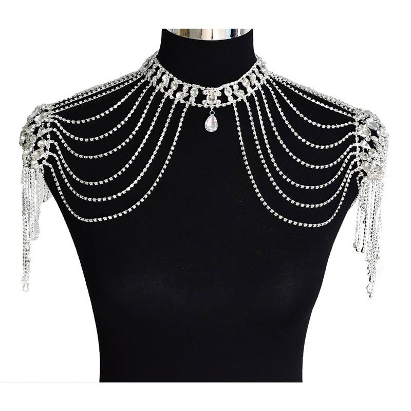 Fashion Luxury Wedding Zircon Rhinestone Shoulder Chain, Wedding Dress Long Shoulder Strap Multi-Layer Fringed Body Chain