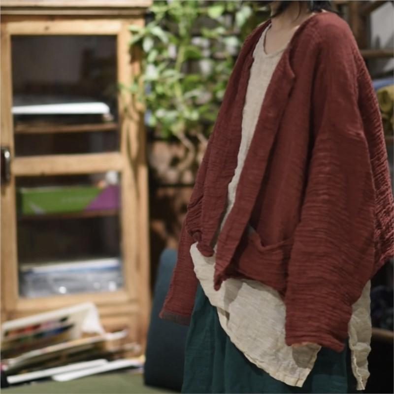 Johnature Damen Vintage Einfarbig O-Ausschnitt Langarm Frühling Chinesischer Stil Weiche Damenmäntel