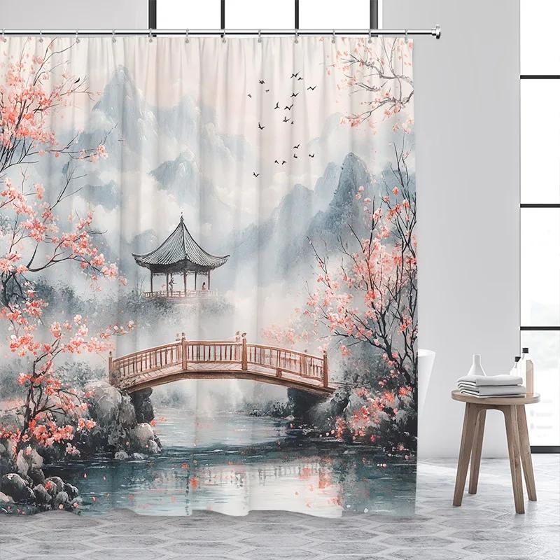 Japanese Style Shower Curtain Pink Cherry Blossom Floral White Crane Mountain Koi Carp Ink Scenery Modern Bathroom Curtain Decor