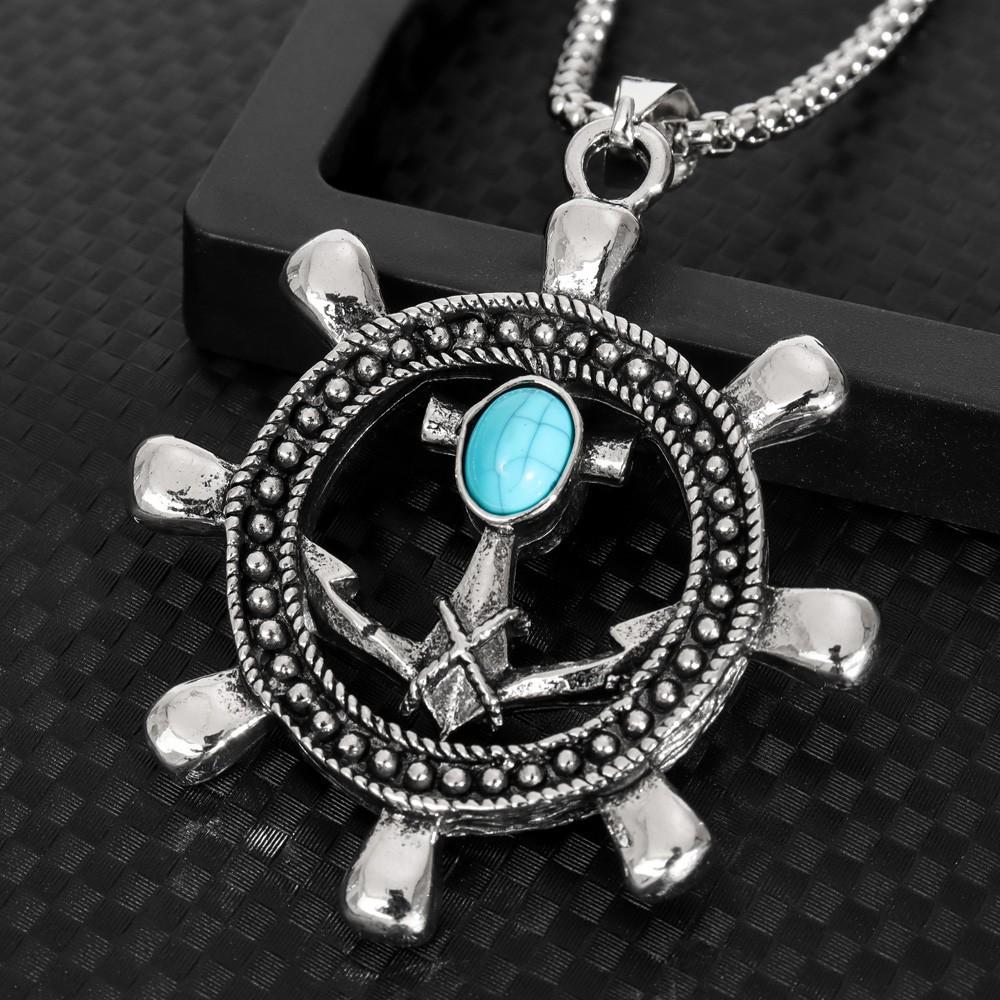 Turquoise Rudder Pendant Necklace Punk Hip-Hop Necklace Retro Anchor Necklace