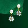 Chinese Enamel Freesia Pearl Tassel Earrings - Four-Leaf Clover Silver Studs for Women