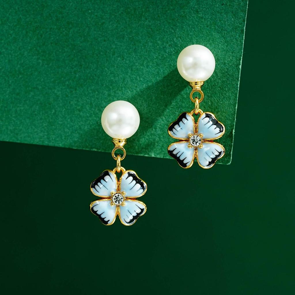 Chinese Enamel Freesia Pearl Tassel Earrings - Four-Leaf Clover Silver Studs for Women