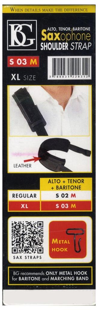 BG SHOULDER Strap for AltoTenorBariton Saxophones, Size XL, with Metal Hook, S03M