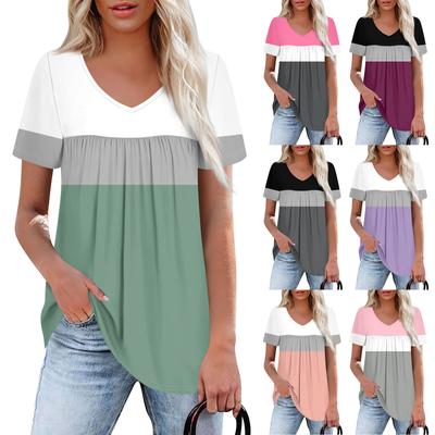 Women's Casual V-Neck Short Sleeve Chest Ruffle Printed Top