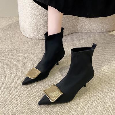 New Style Fashion Metal Square Toe Leather Women Ankle Boots Elegant Autumn Winter Thin High Heels Luxury Short Boots Shoes