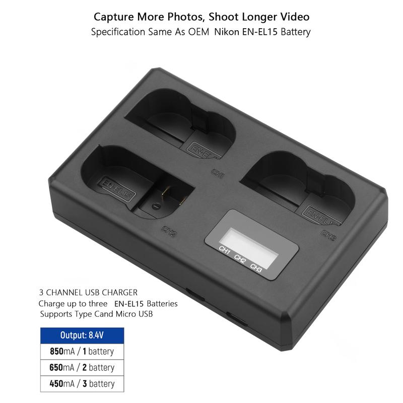EN-EL15C EN-EL15a EN-EL15b 3 Slot Battery Charger For Nikon Z6 III Z6 II Z6 Z7 II Z7 D850 D810A D810 D800E D800 D750 D610 D600