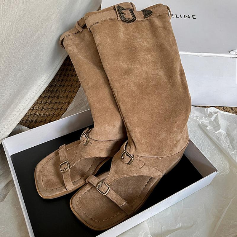 Fashion New Black Brown Rivet Belt Buckle Herringbone Clip Foot Roman Cool Boots Summer 2cm Thick Heel Exposed Toe Long Tube Thin Boots