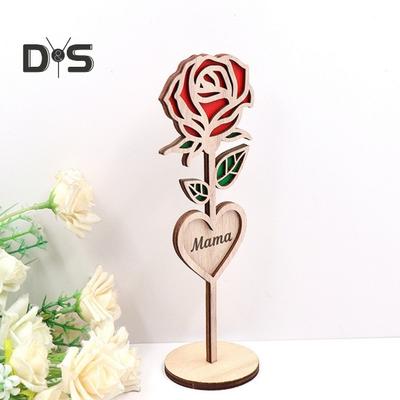 Wood Mama Rose Decoration with Stable Round Base Wooden 3D Carved Rose Flower Desktop Ornament Romantic Mother's Day Gift