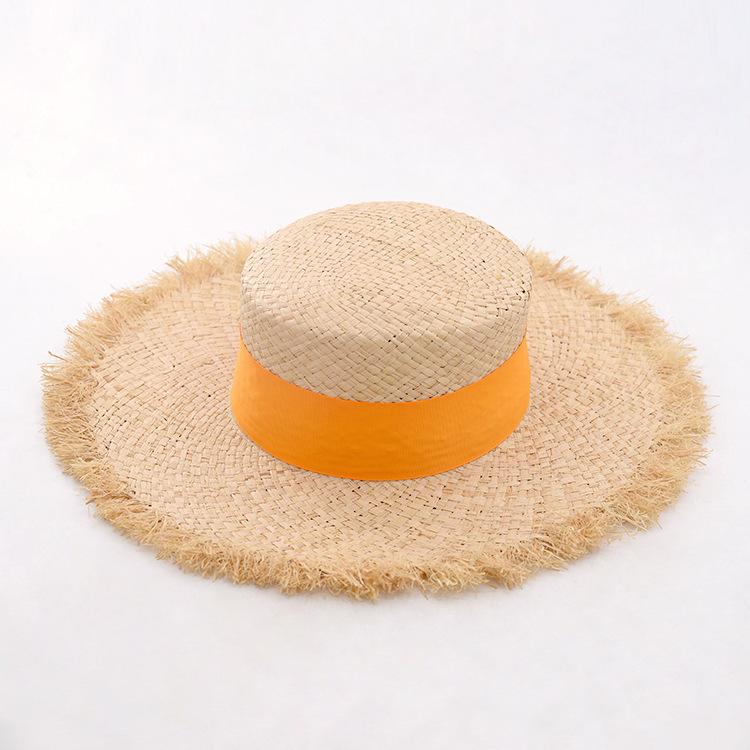 Summer new raffia rough edge flat top big brim straw hat multi-color webbing raffia flat top hat beach hat