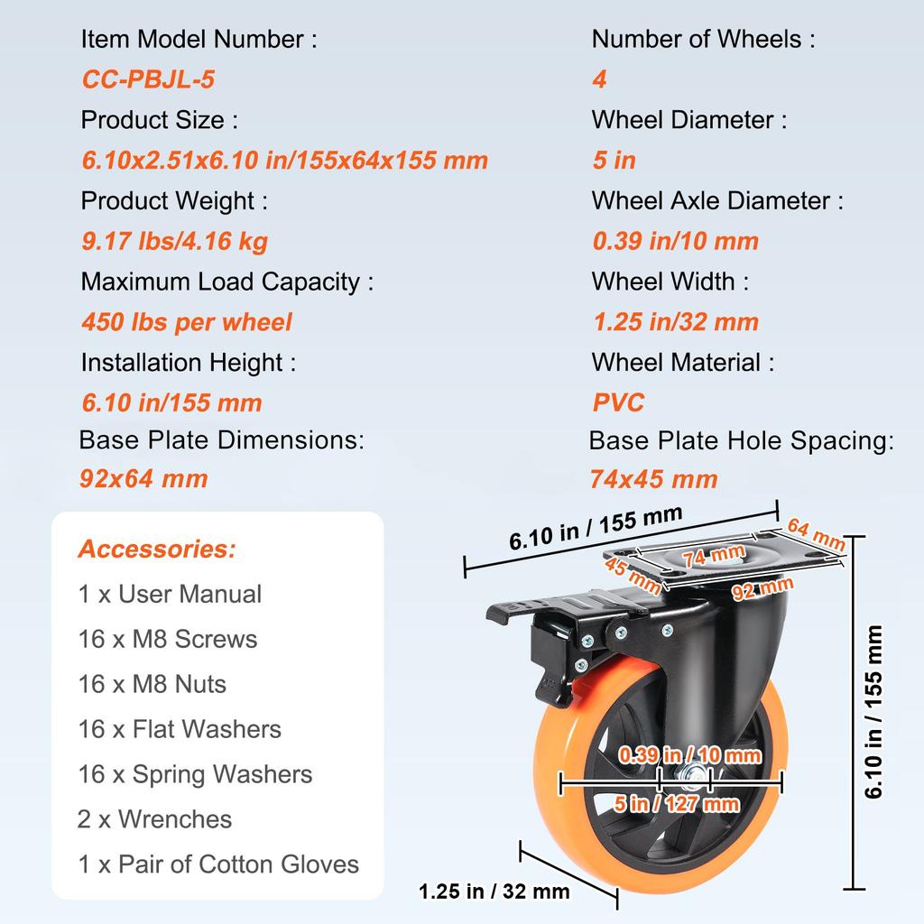 VEVOR Caster Wheels, 12.7 cm Swivel Plate Casters, Set of 4, with Security A/B Locking No Noise PVC Wheels