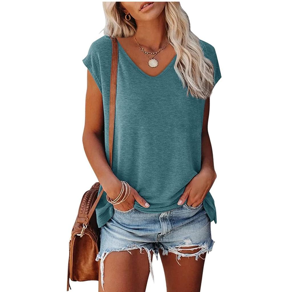 Womens' Fashionable And Casual Solid-color Basic V-neck Short-sleeved Top