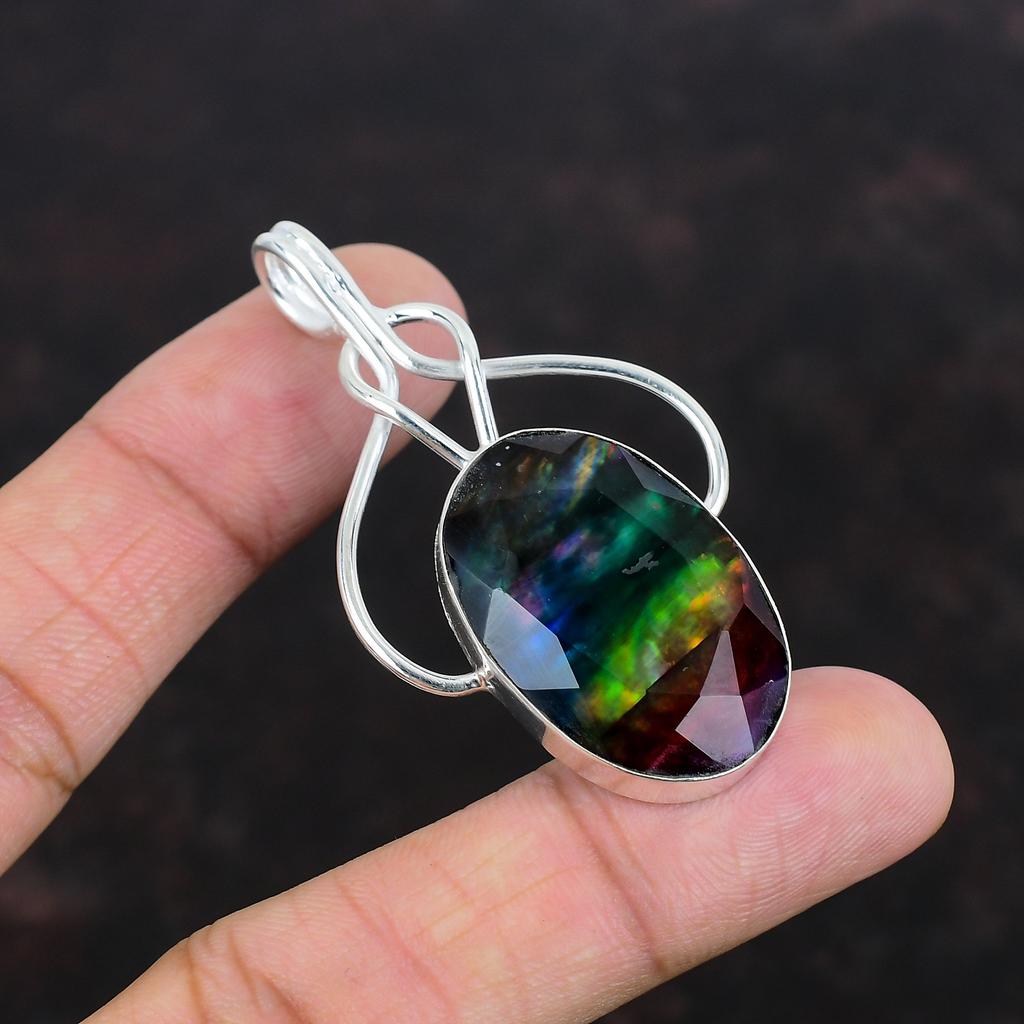 Fasetthengt Ammolitt Anheng Naturlig Edelsten Anheng Antikke Smykker 925 Sterlingsølv Anheng Håndlaget Anheng Ammolitt Smykker Gave Til Ham