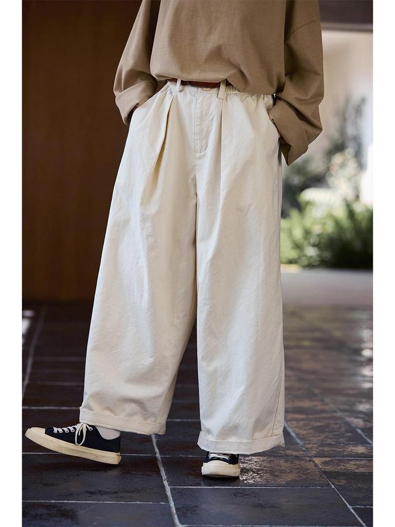 New Folk Craft Jade White Retro Wide-Leg High-Density Elastic Waist Long Pants for Autumn/Winter