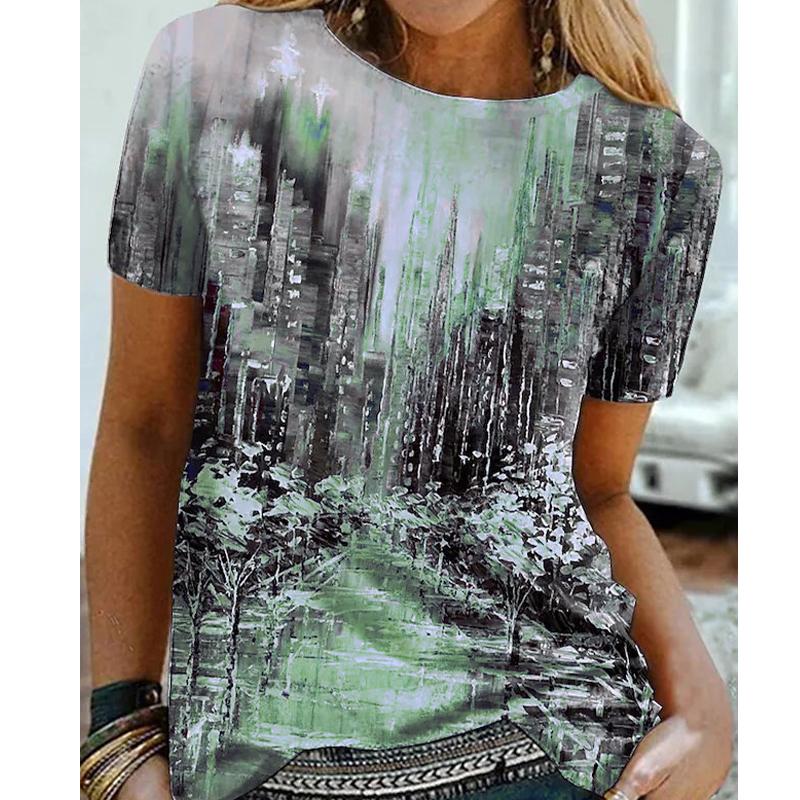 Dame Sommer T-skjorte Trendtrykk Retro Mote Kortermet Tees Casual Trykte Topper