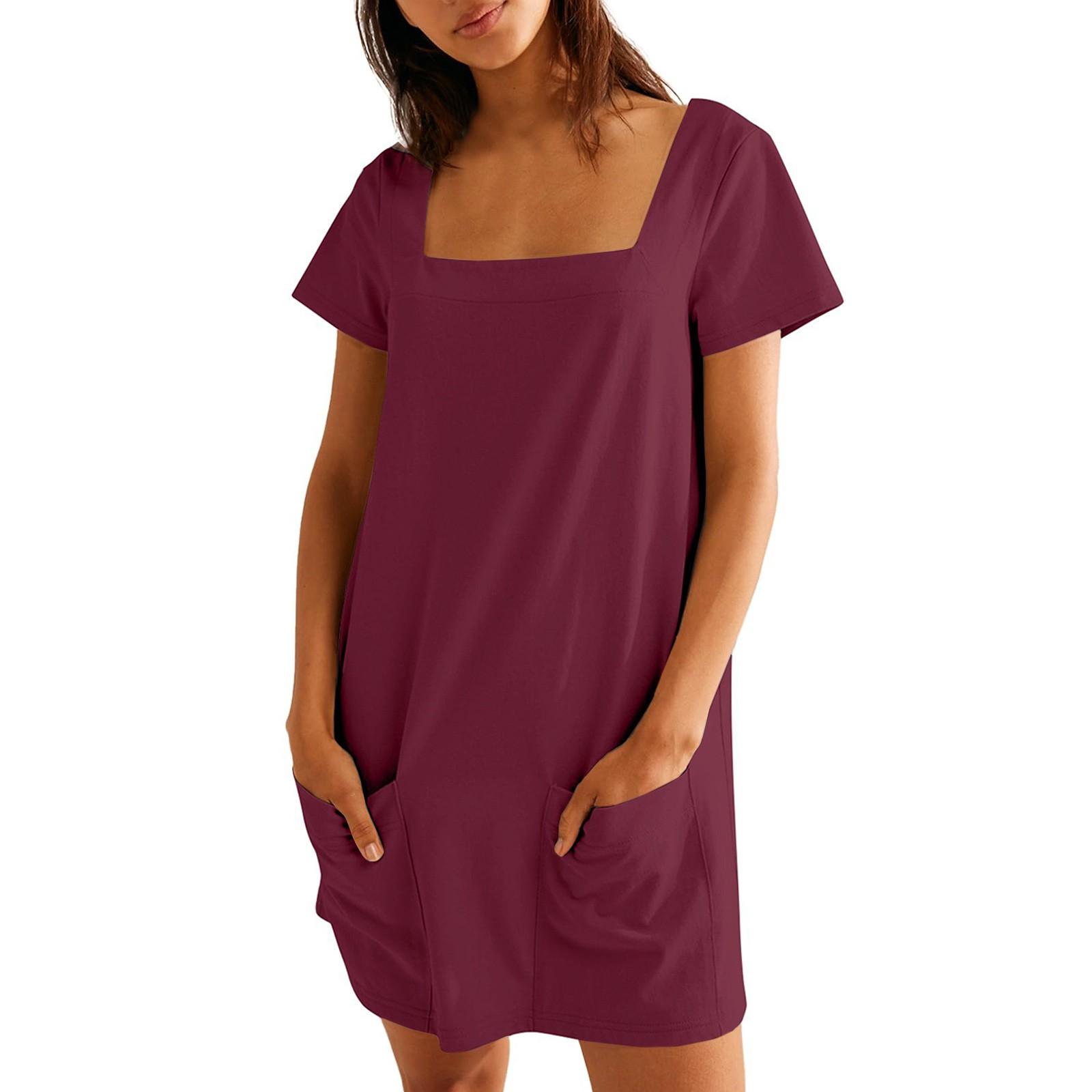 

Женское однотонное повседневное платье с квадратным воротником и короткими рукавами, юбкой и карманом M винный