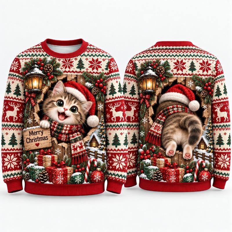 Cute Kitten Ugly Christmas Sweater For Men Women, Snowy Holiday Sweaters With Santa Cat Winter Party Gift