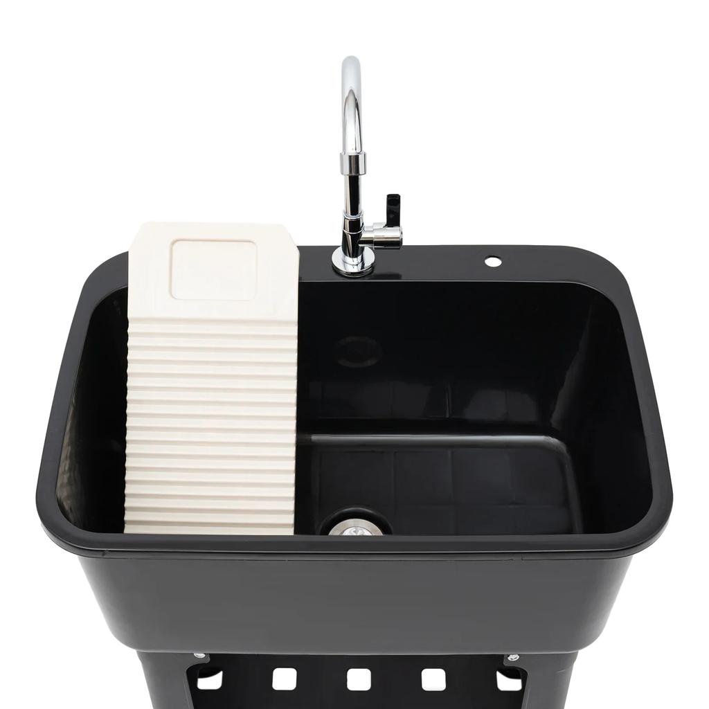 Utility Sink Space Saver Laundry Tub with Faucet, Freestanding Laundry Sink Garage Sink with Storage Shelf (Black)