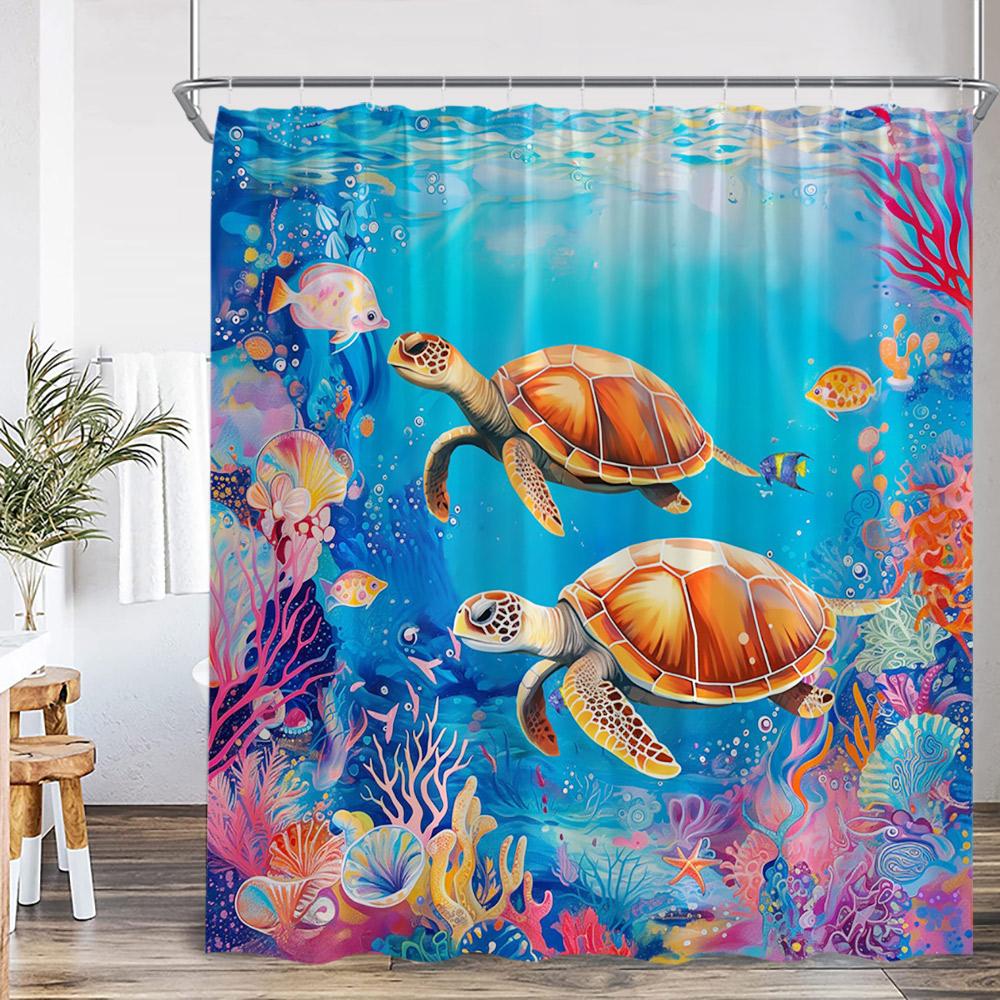 Undersea Cartoon Shower Curtain Sea Turtle Coral Seaweed Tropical Fish Ocean Bathroom Decor Polyester Fabric Bathtub Curtain