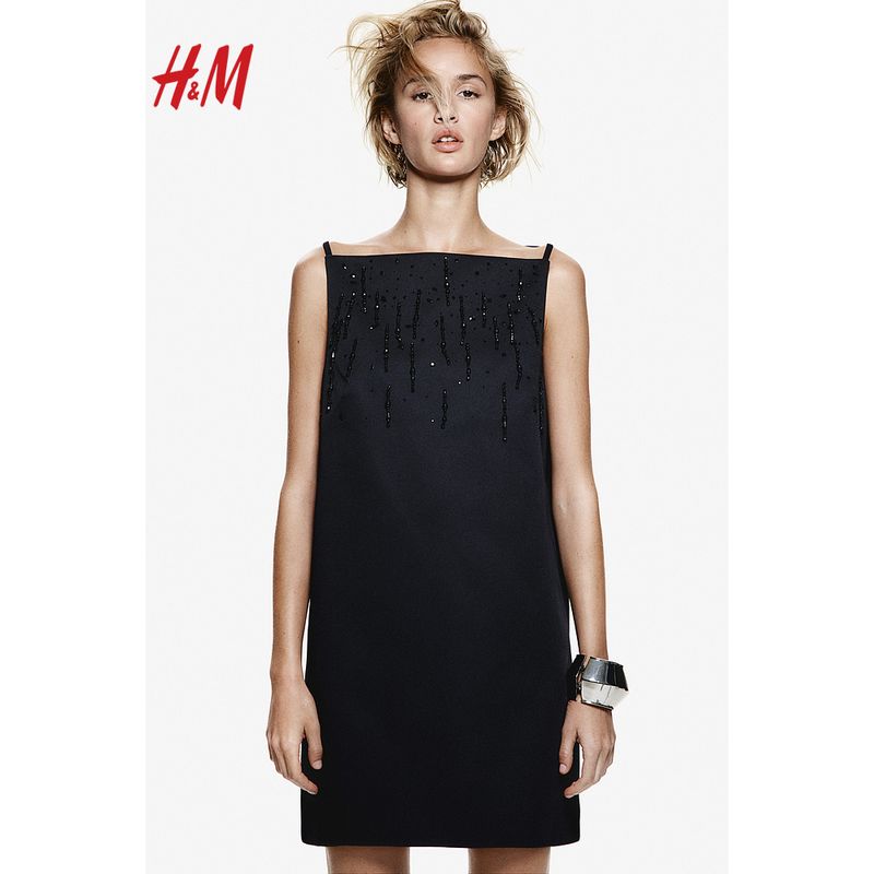 

HM Women s clothing dress Summer Fashion Casual Formal Dress French style Temperament Sleeveless off-Shoulder A- line Skirt 1260042 Black 170/104(L)