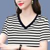 Sommer V-Ausschnitt Oberteil Baumwolle Gestreift Kurzarm T-Shirt Damen Locker T-Shirt