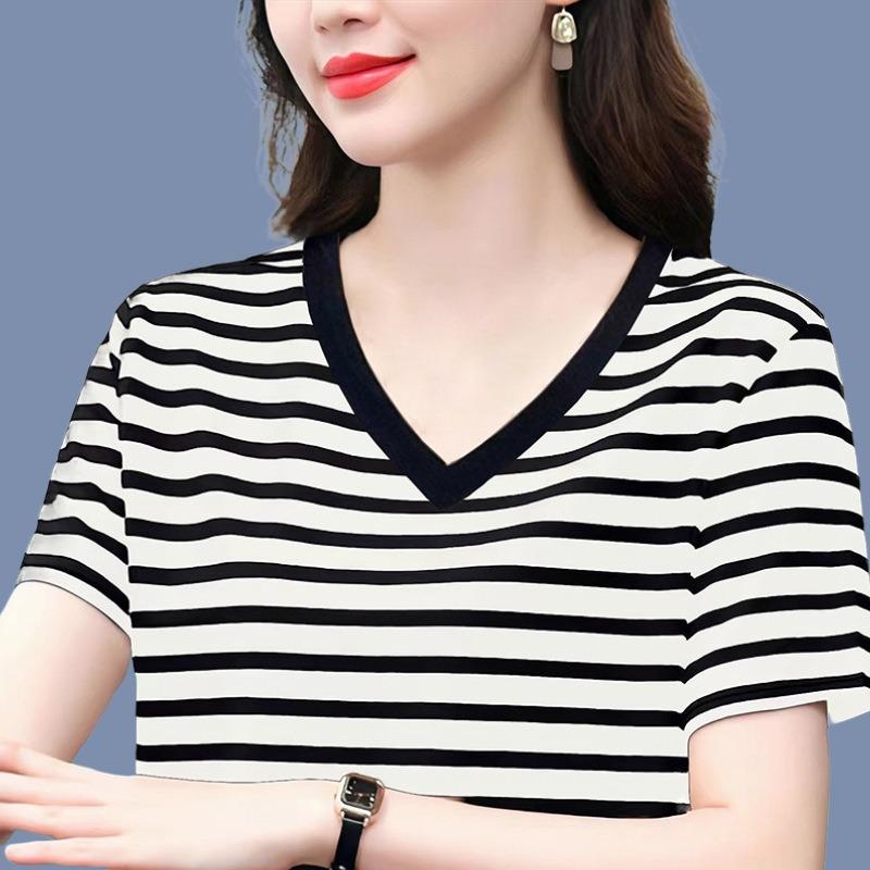 Sommer V-Ausschnitt Oberteil Baumwolle Gestreift Kurzarm T-Shirt Damen Locker T-Shirt