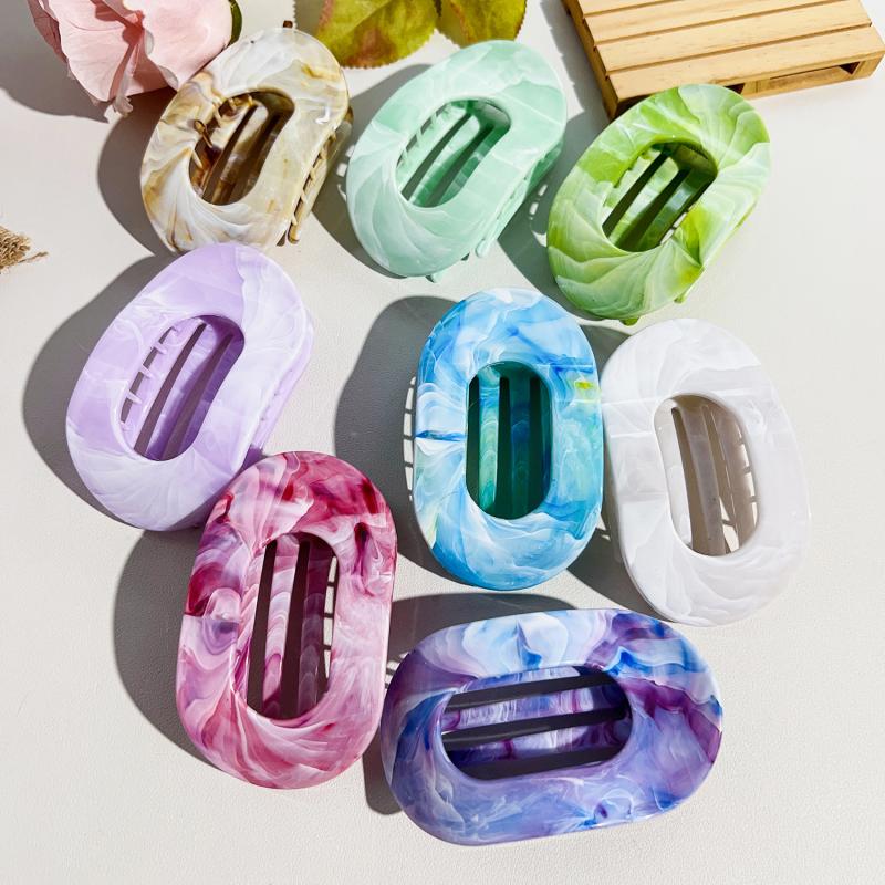 Oval Hair Claw Clips Women Elegant Marbling Acrylic Flat Circular Hair Grips Premium Colorful Updo Hair Pins Barrettes