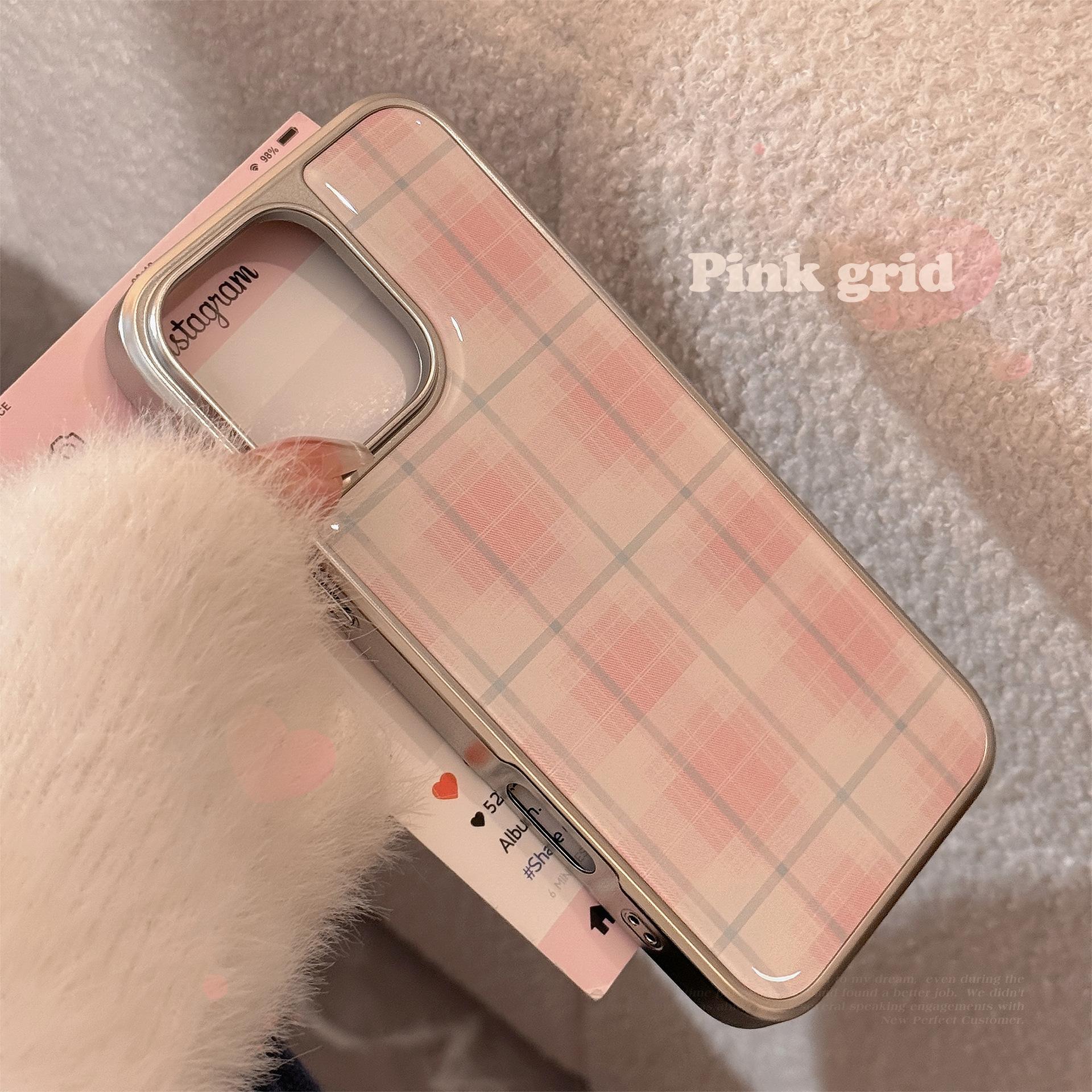 

Pink Checkered Suitable for 16 Apple 15 Promax Mobile Phone Case Iphone 14 Drop Glue 13 Sweet 15 Electroplated Huawei SAMSUNG S25ULTRA