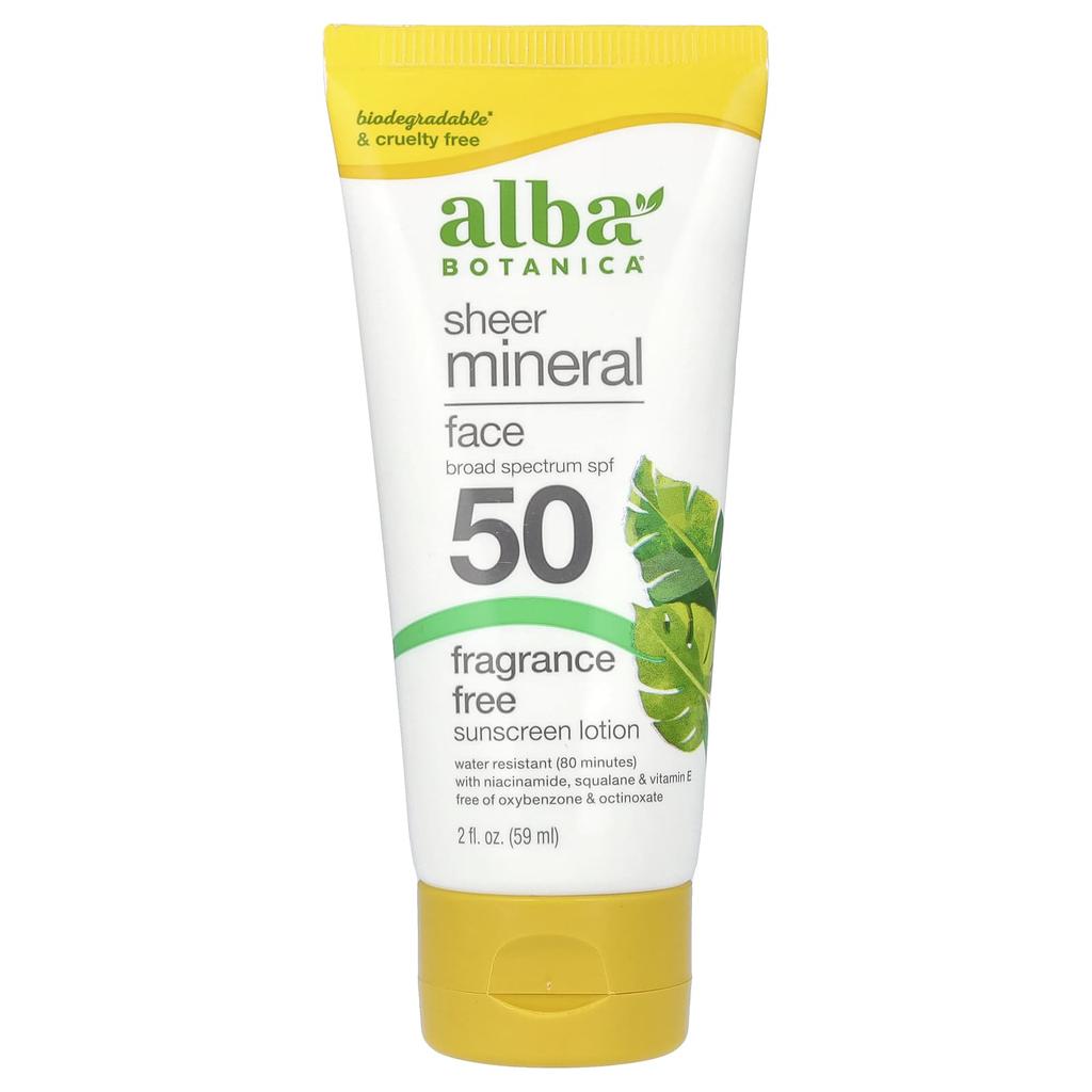 Alba Botanica Sheer Mineral Face Sunscreen, SPF 50, Unscented, 2 Fl Oz (59 Ml)