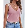 Womens Waffle Knit V Neck Tank Top With Lace Trim Sleeveless Casual Solid Color Camisole