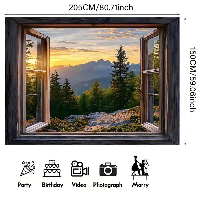 2D Printed Open Window Backdrop Mountain Sunset with Pine Trees Background Cloth