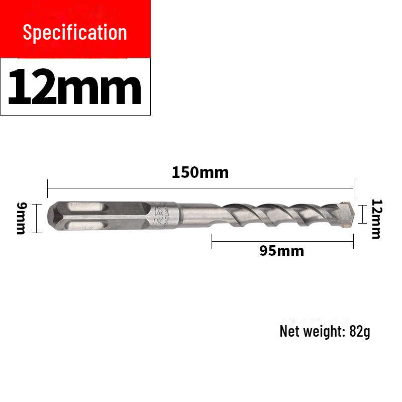 Impact Hammer Drill Bit for Drilling Through Concrete and Cement Walls with Round and Square Handles, Two Pits, and Two Grooves.