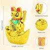 Decorative Showpiece –Feng Shui Cat Sitting On Money Ingots |Golden Waving Hand Cat |Symbol of Good Luck, Wealth, Health & Happiness